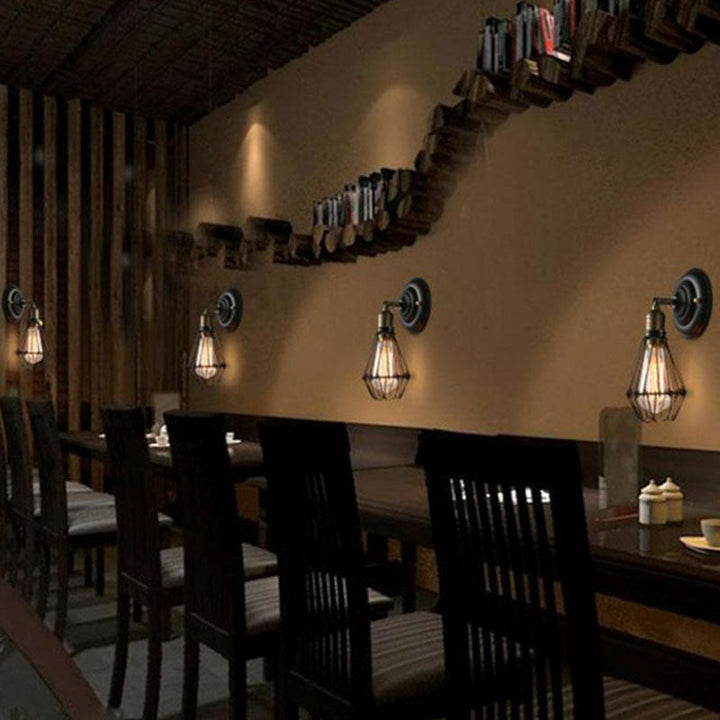 BowLift | One-bulb wall-mounted light industrial pear cage iron wall light fixture in black