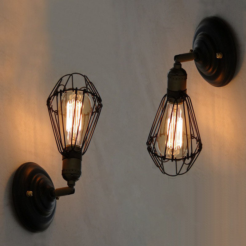 BowLift | One-bulb wall-mounted light industrial pear cage iron wall light fixture in black
