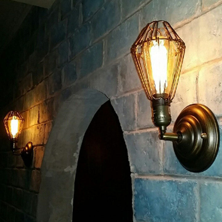 BowLift | One-bulb wall-mounted light industrial pear cage iron wall light fixture in black