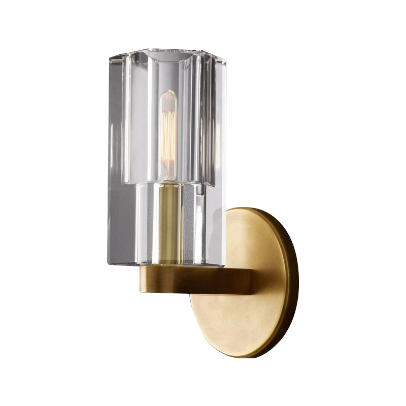 BowLift | Cylinder Clear Crystal Wall Lamp Modernist 1 Light Wall Sconce with Round Backplate in Brass
