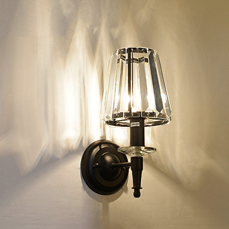 BowLift | Cone clear crystal wall light sconce contemporary 1 light black wall lamp with round metal backplate