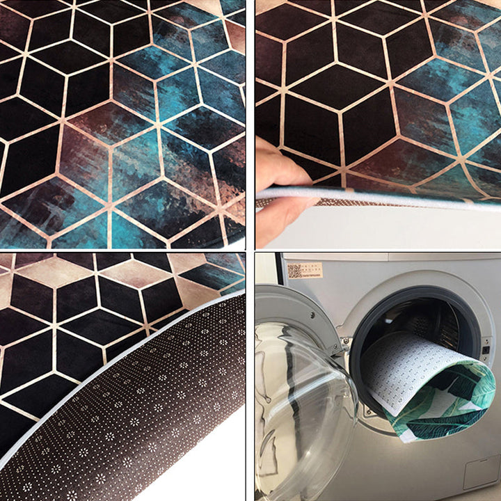 BowLift | Unique geometric print rug Multicolored polyester rug Non-slip backing Machine washable indoor rug for the bedroom