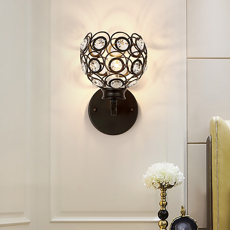 BowLift | Dome Clear Crystal Wall Lamp Modernist Style 1 Bulb Black/Brass Finish Wall Lighting Fixture for Bedroom