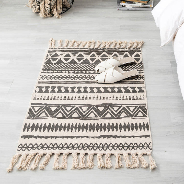 BowLift | Ethnic geometric pattern rug Multi-color cotton blend area rug machine washable handwoven rug with fringes for room