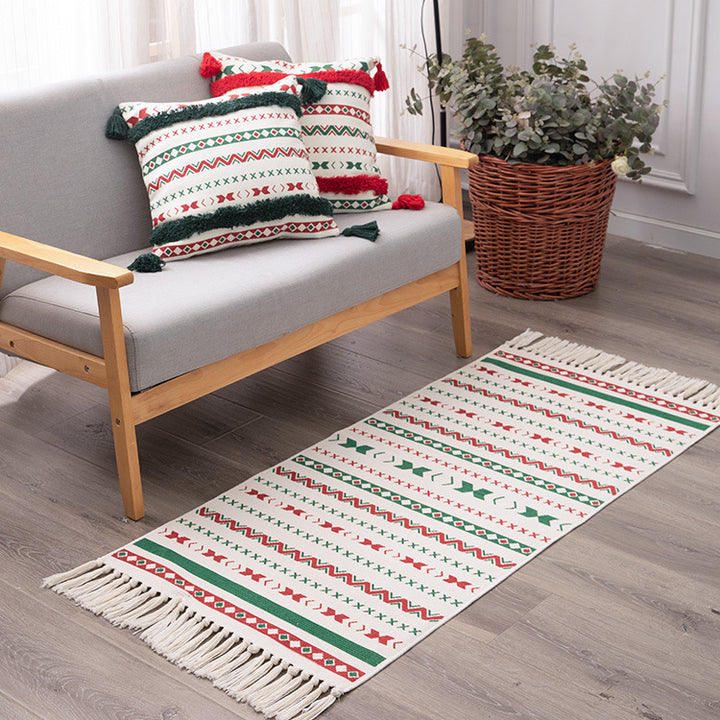 Festive Flatwoven Runner with Tassels and Nordic Zigzag and Heart Pattern