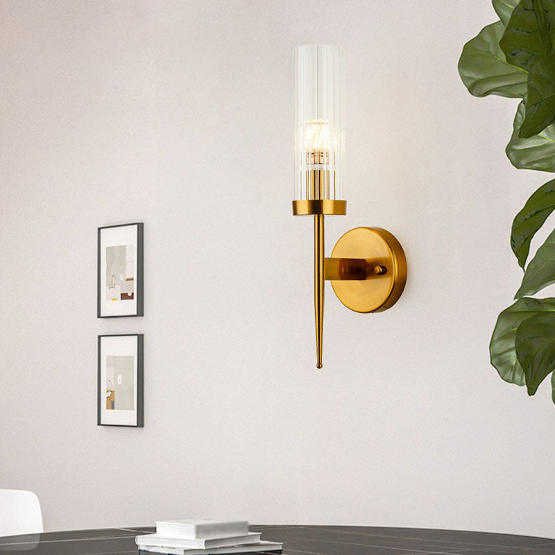 BowLift | Cylindrical Stair Wall Lighting Ideas Clear Ribbed Glass Postmodern Wall Mount Light in Gold