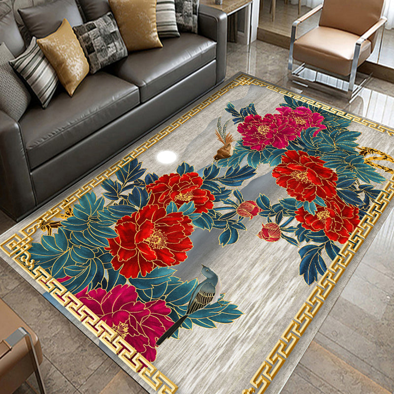 BowLift | Multicolored living room rug Chinoiserie flower rug polypropylene machine washable stain resistant non-slip back rug