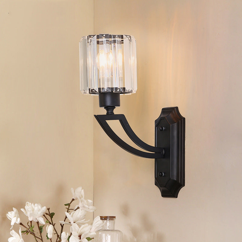 BowLift | Cylindrical Clear Crystal Wall Lamp Modernist Style 1 Light Black/Gold Finish Wall Lighting Fixture with Curved Arm