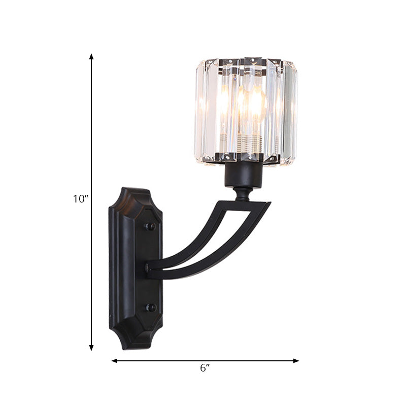 BowLift | Cylindrical Clear Crystal Wall Lamp Modernist Style 1 Light Black/Gold Finish Wall Lighting Fixture with Curved Arm