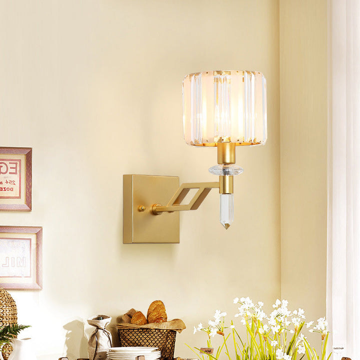 BowLift | Cylindrical Clear Crystal Wall Lamp Modernist Style 1 Light Black/Gold Finish Wall Lighting Fixture with Curved Arm