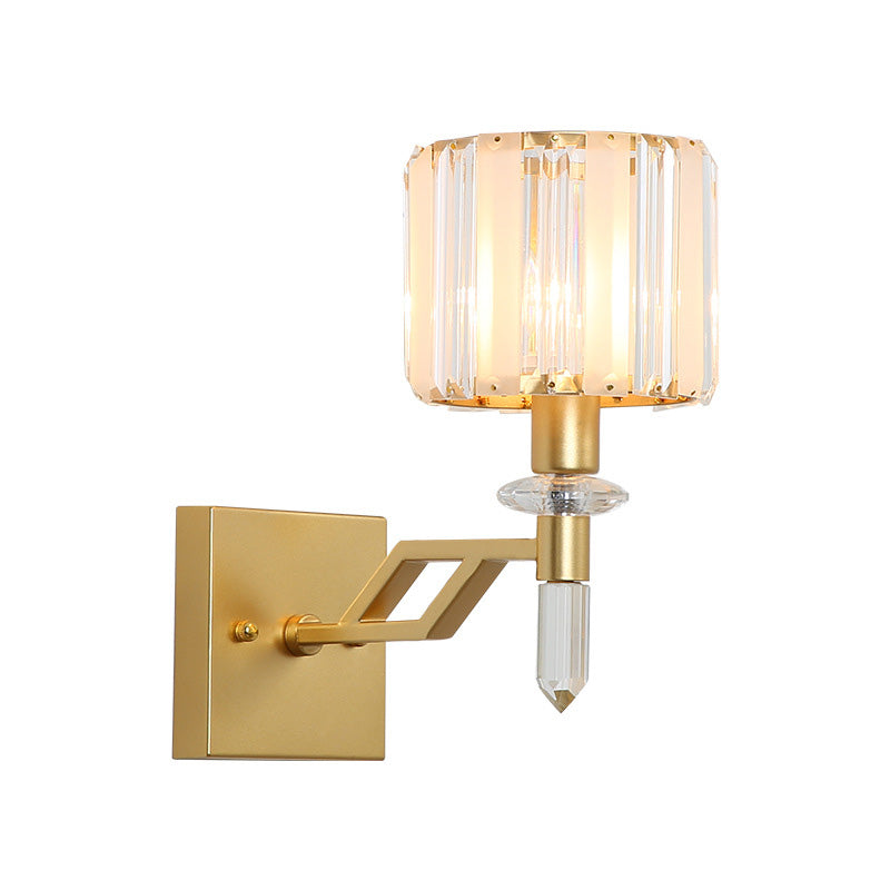 BowLift | Cylindrical Clear Crystal Wall Lamp Modernist Style 1 Light Black/Gold Finish Wall Lighting Fixture with Curved Arm