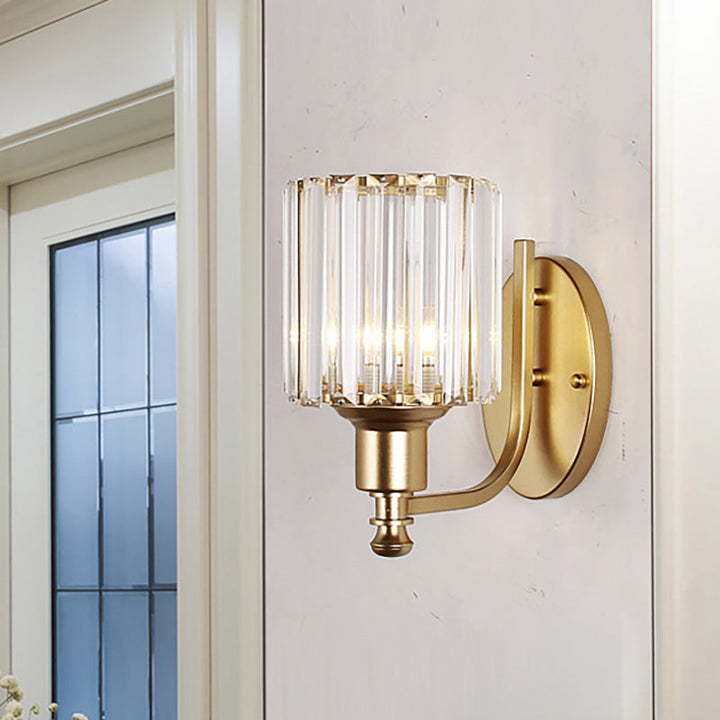 BowLift | Modernist Cylinder Wall Light Clear Crystal 1 Head Bedroom Wall Mounted Light with Curved Arm in Black/Gold