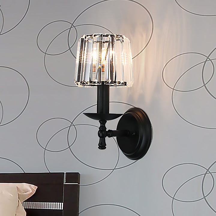 BowLift | Contemporary Cone Wall Lamp Clear Crystal 1 Head Nightstand Wall Sconces Light with Curved/Beam Arm in Black