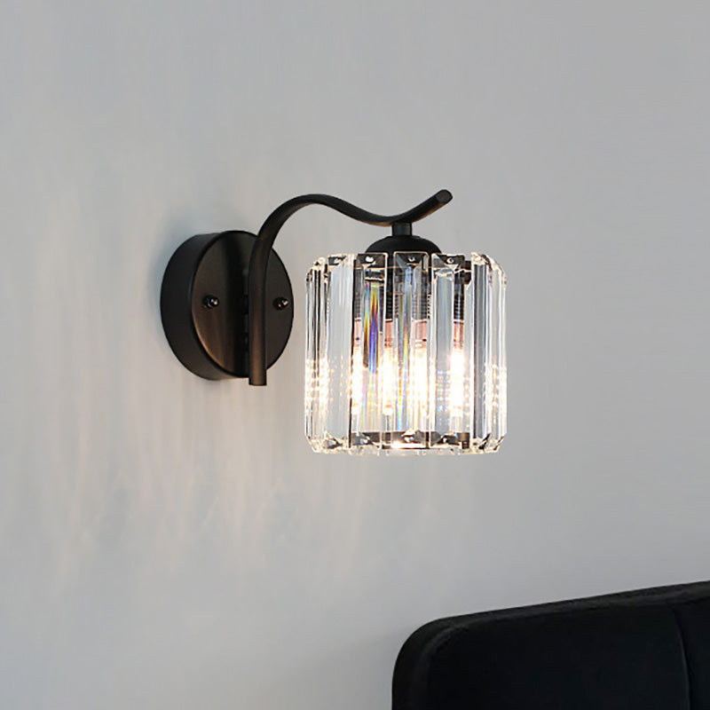 BowLift | Contemporary Cone Wall Lamp Clear Crystal 1 Head Nightstand Wall Sconces Light with Curved/Beam Arm in Black