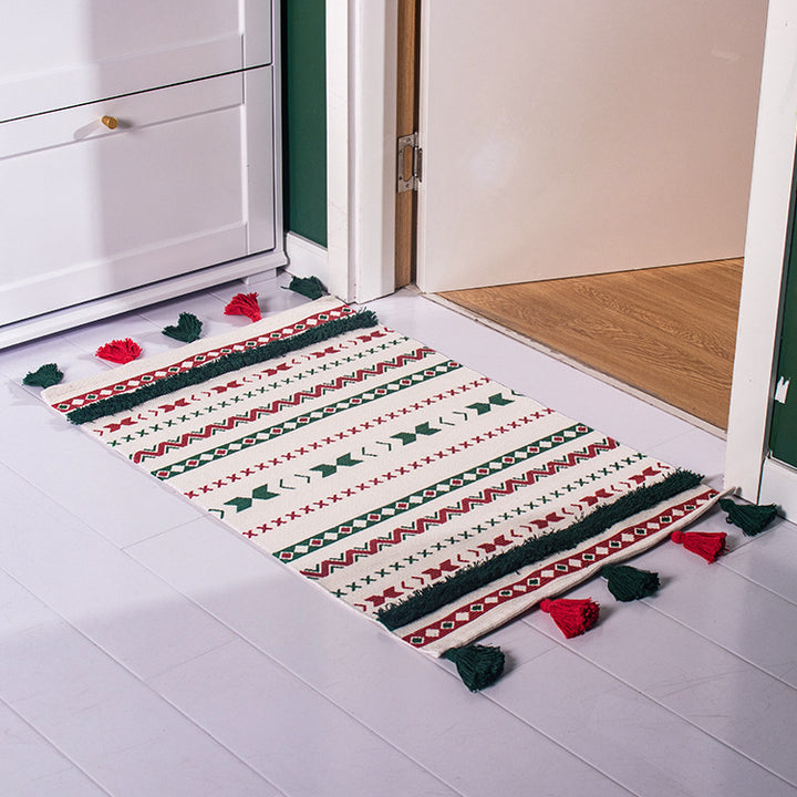Festive Flatwoven Runner with Tassels and Nordic Zigzag and Heart Pattern