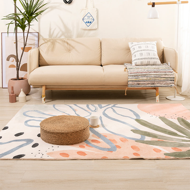 BowLift | Nordic Palm Leaf Drawing Rug White Polypropylene Rug Pet Friendly Stain Resistant Non-Slip Back Rug for Girls Room