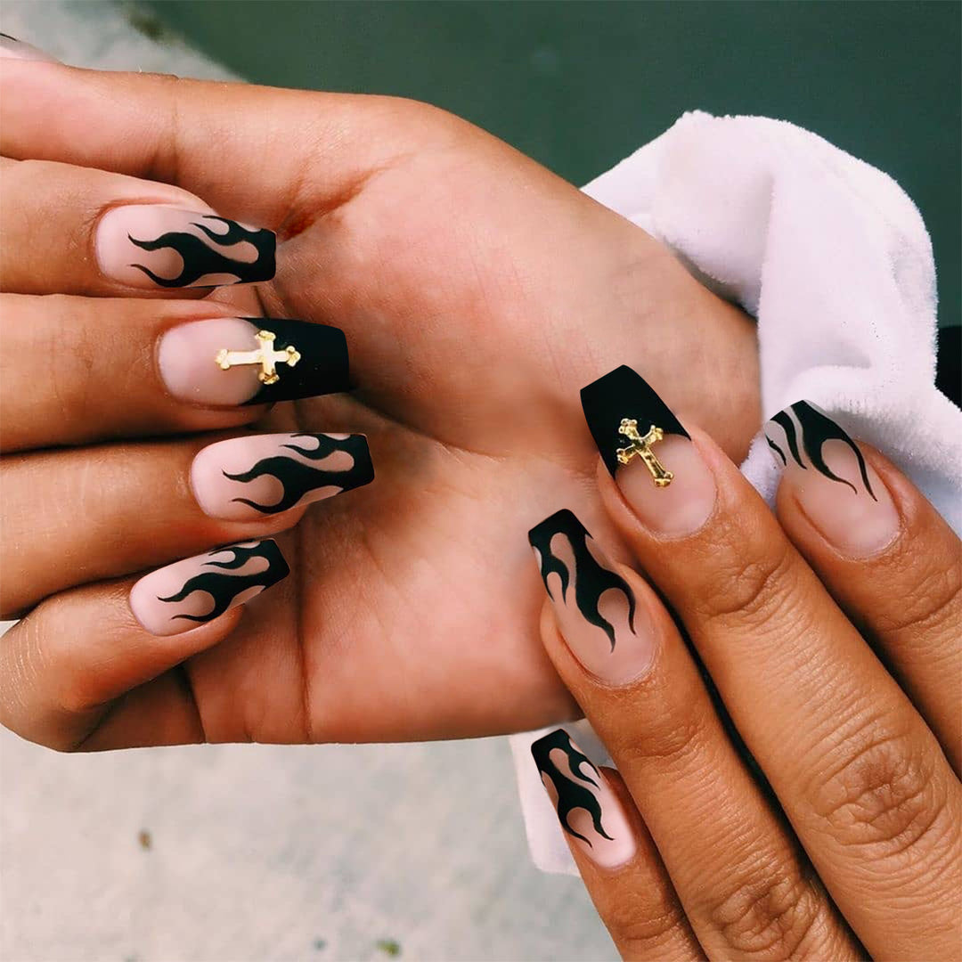 Artistic acrylic nails with flame decor Bowlift