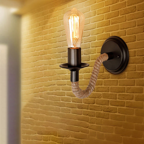 BowLift | Single Curved Arm Wall Lamp Rustic Brown Rope Wall Light Lighting with Exposed Bulb Design