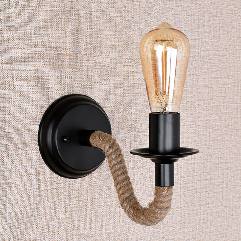 BowLift | Single Curved Arm Wall Lamp Rustic Brown Rope Wall Light Lighting with Exposed Bulb Design
