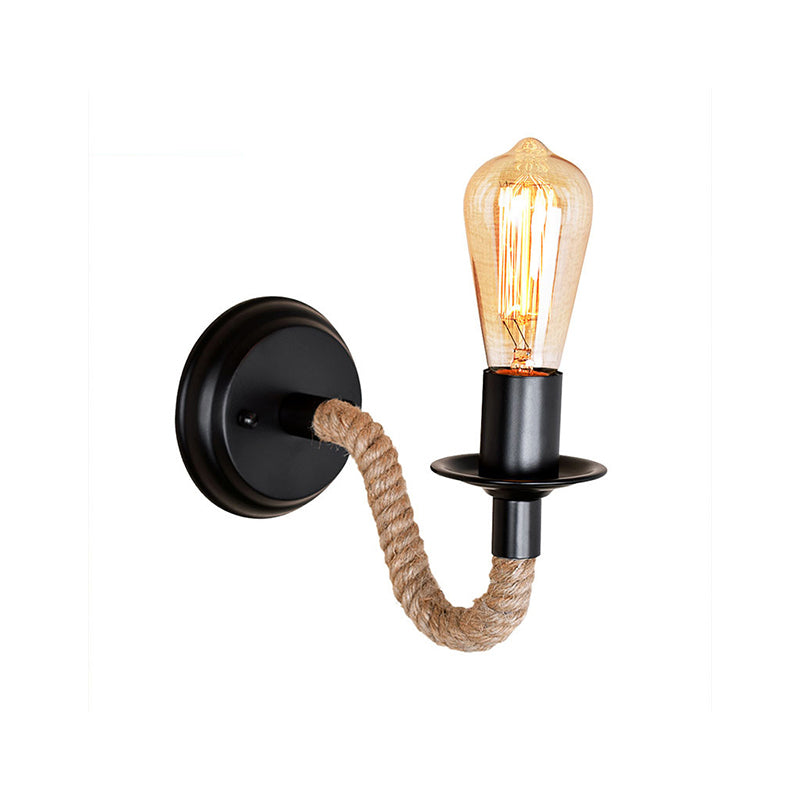 BowLift | Single Curved Arm Wall Lamp Rustic Brown Rope Wall Light Lighting with Exposed Bulb Design