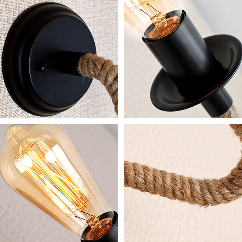 BowLift | Single Curved Arm Wall Lamp Rustic Brown Rope Wall Light Lighting with Exposed Bulb Design