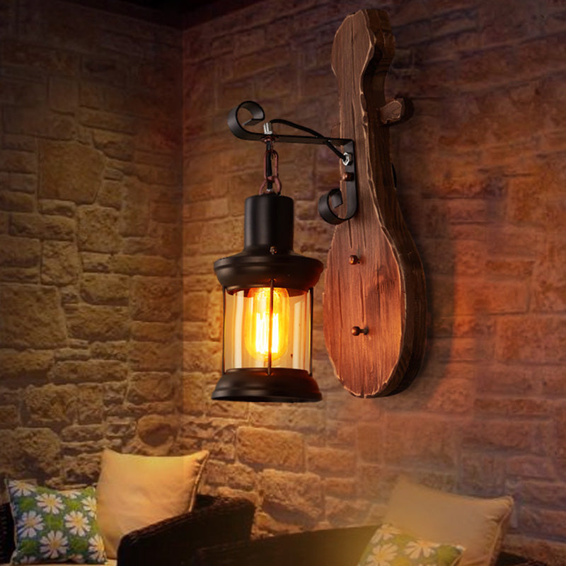 BowLift | Nautical Novelty Guitar Wall Light Fixture 1-Light Wooden Sconce with Lantern Lampshade