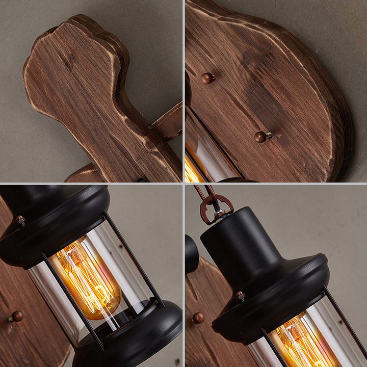 BowLift | Nautical Novelty Guitar Wall Light Fixture 1-Light Wooden Sconce with Lantern Lampshade