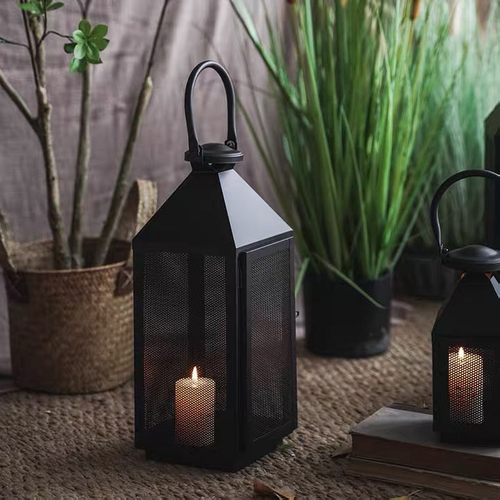 Decorative Mesh Metal Candle Lantern Trio with Hinged Door and Carry Handle Bowlift
