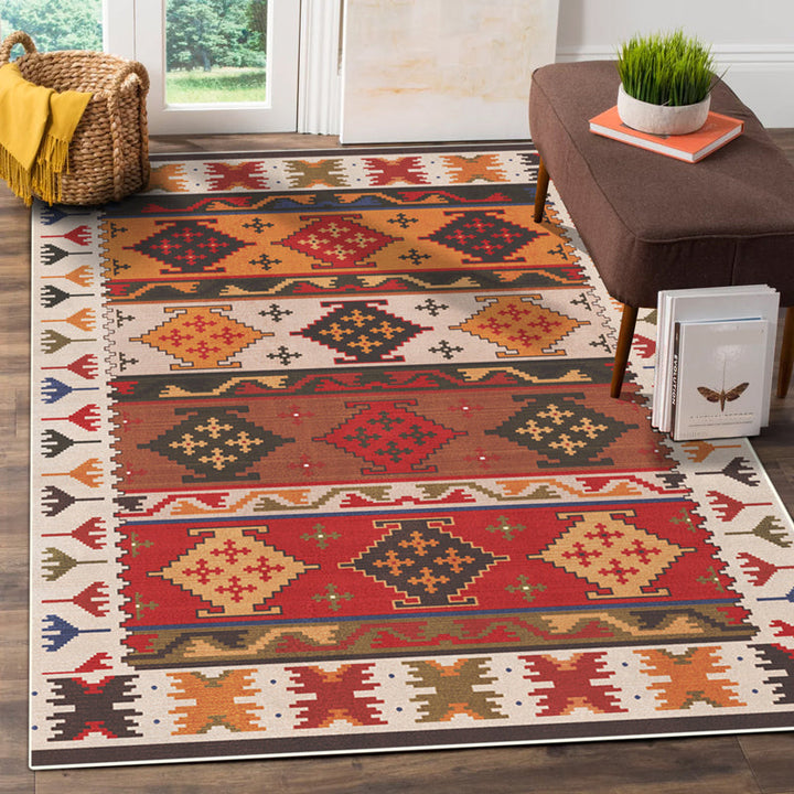 BowLift | Red Southwest Rug Polypropylene geometric pattern area rug non-slip backing machine washable easy care indoor rug for living room