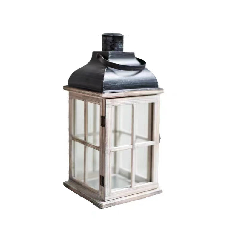 Vintage Farmhouse Glass-Paneled Wooden Lantern with Metal Roof Candle Holder Bowlift