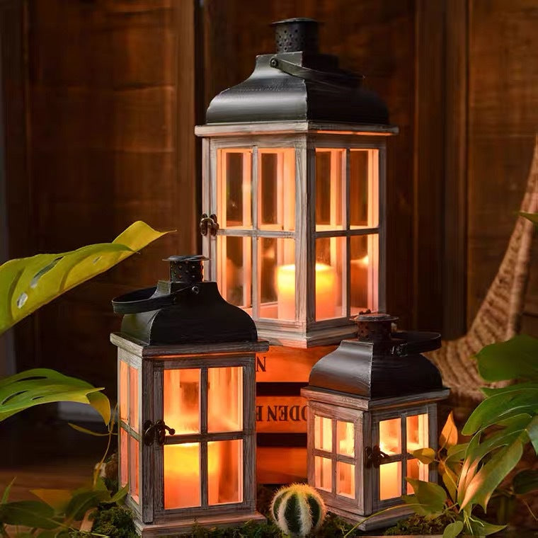 Vintage Farmhouse Glass-Paneled Wooden Lantern with Metal Roof Candle Holder Bowlift