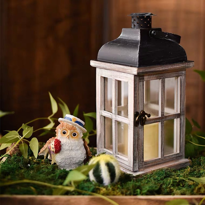 Vintage Farmhouse Glass-Paneled Wooden Lantern with Metal Roof Candle Holder Bowlift