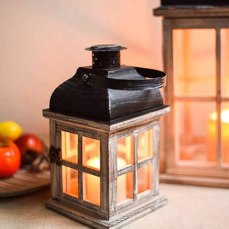 Vintage Farmhouse Glass-Paneled Wooden Lantern with Metal Roof Candle Holder Bowlift