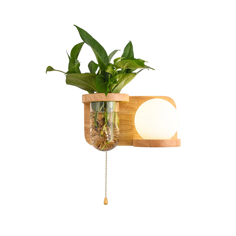 BowLift | Milk Glass Ball Wall Lighting Nordic 1-Light Nightstand Pull Cord Wall Lamp with Wooden Shelf and Planter