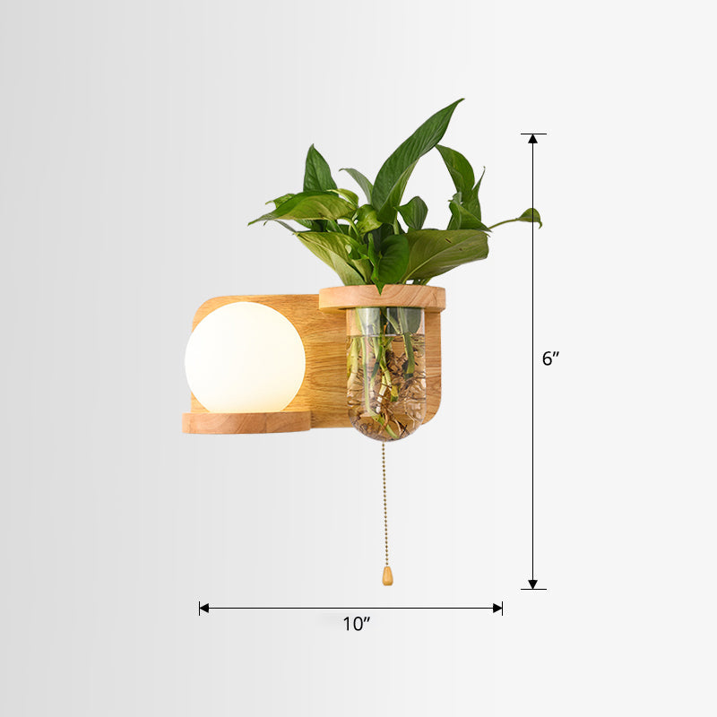 BowLift | Milk Glass Ball Wall Lighting Nordic 1-Light Nightstand Pull Cord Wall Lamp with Wooden Shelf and Planter