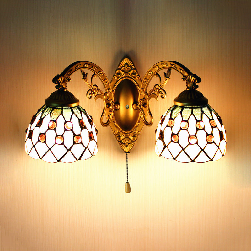 BowLift | 2 Head Wall Light Tiffany Curved Arm/Mermaid Beige Glass Wall Mount Light with Pull Switch