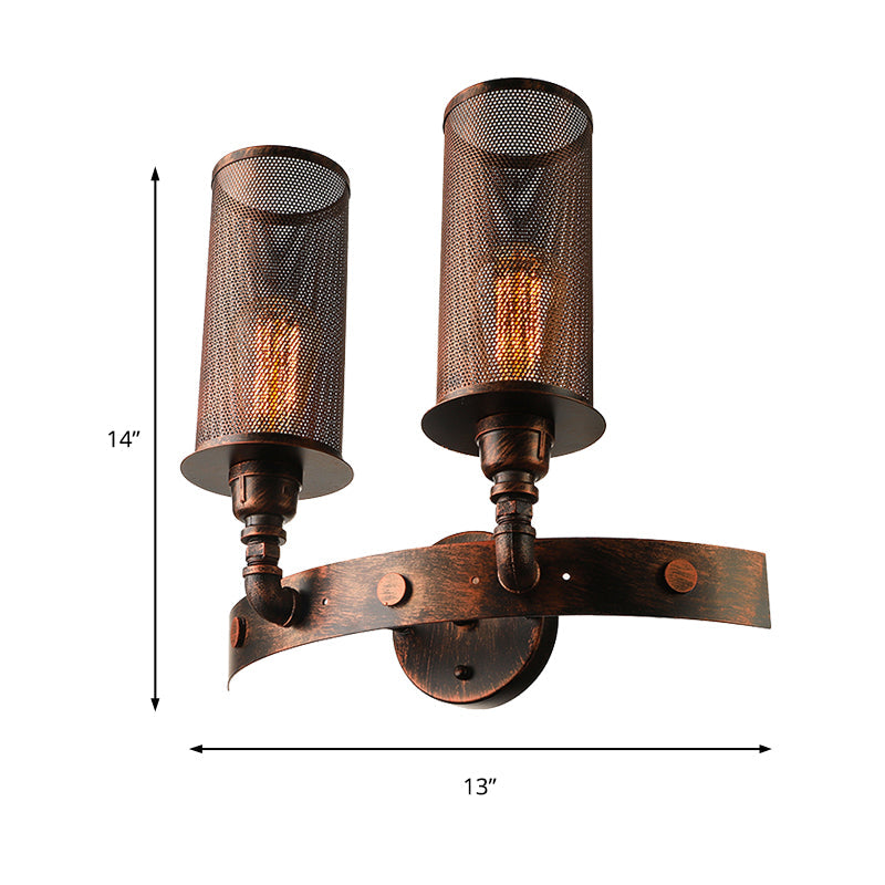 BowLift | Antique style double cylinder wall lamp with mesh shade 2 lights wrought iron wall mount lamp in aged copper