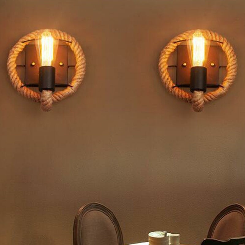 BowLift | Metal Open Bulb Wall Lamp Country House 1 Main Corridor Wall Lamp with Rope Ring in Brown