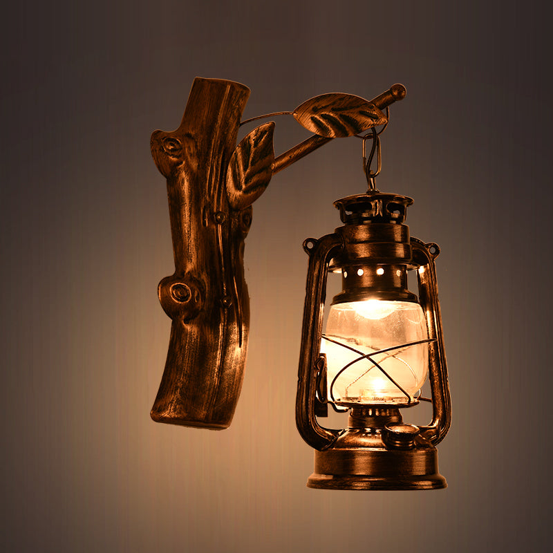BowLift | Rustic Oil Lantern Wall Lighting 1 Head Clear Glass Wall Lamp in Black for Corridor