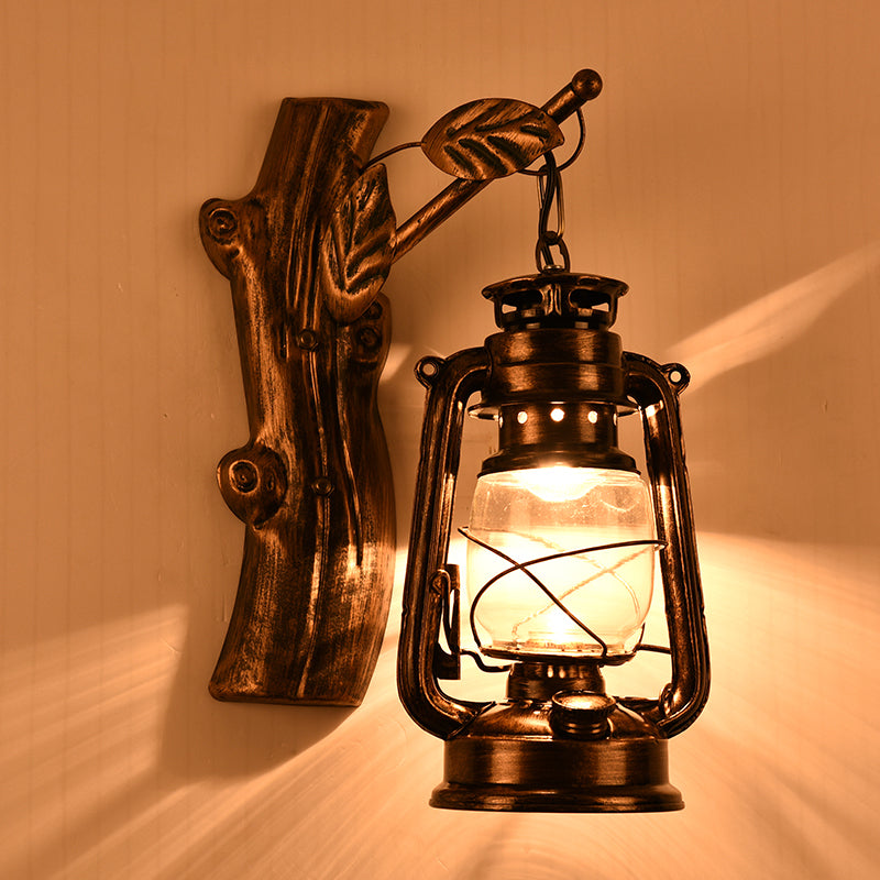 BowLift | Rustic Oil Lantern Wall Lighting 1 Head Clear Glass Wall Lamp in Black for Corridor