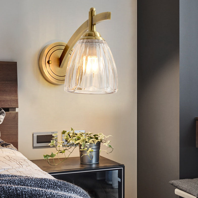 BowLift | 1 Bulb Cone Wall Light Traditional Metal Wall Lighting Fixture in Gold with Ribbed Glass Shade for Nightstand