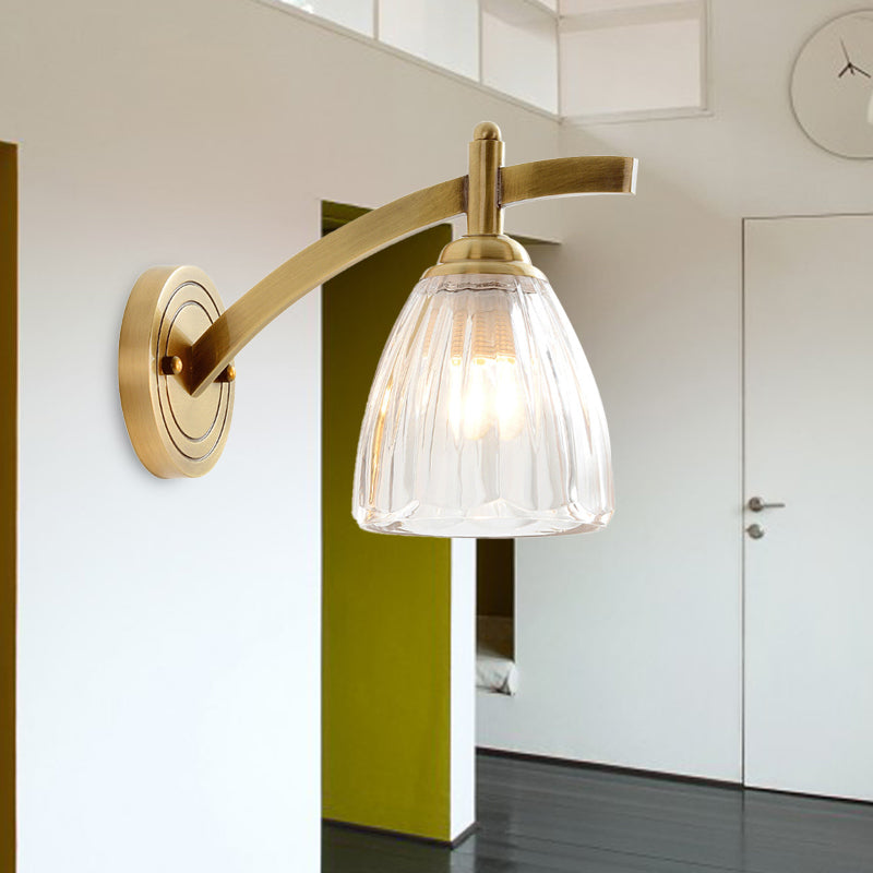 BowLift | 1 Bulb Cone Wall Light Traditional Metal Wall Lighting Fixture in Gold with Ribbed Glass Shade for Nightstand