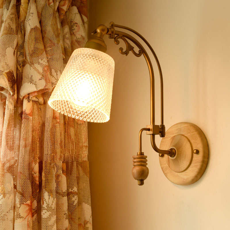 BowLift | 1 Bulb Cone Wall Lamp Tradition Prism Glass Wall Light Fixture in Brass with Curved Arm