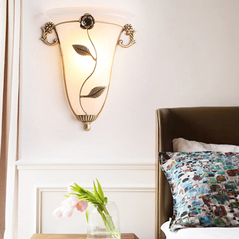 BowLift | 1 Bulb Cone Wall Light Traditional Opal Glass Wall Lighting Fixture in Brass with Flower