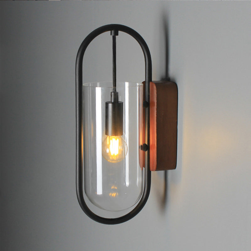 BowLift | Black Cylinder Wall Light Industrial 1 Light Clear/Amber Glass Wall Mount Light