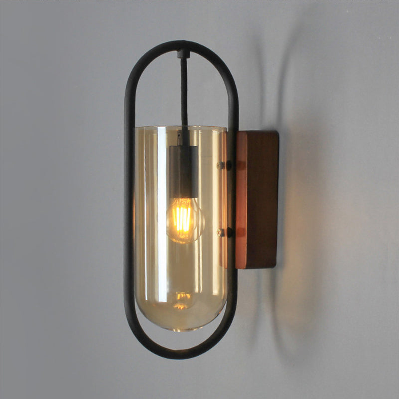 BowLift | Black Cylinder Wall Light Industrial 1 Light Clear/Amber Glass Wall Mount Light