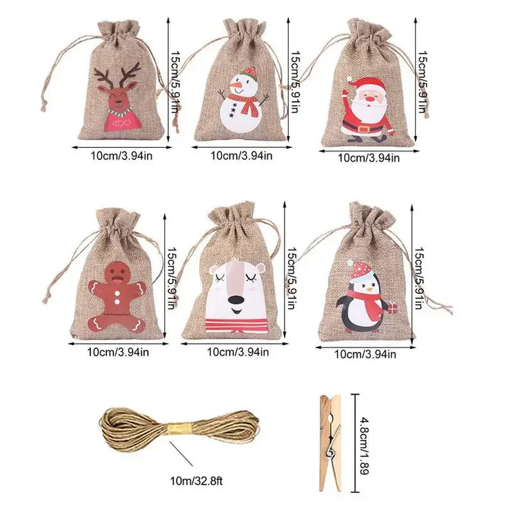 BowLift | HollyTime Adventskalender Set – 24 herbruikbare cadeauzakken met stickers, clips & touw