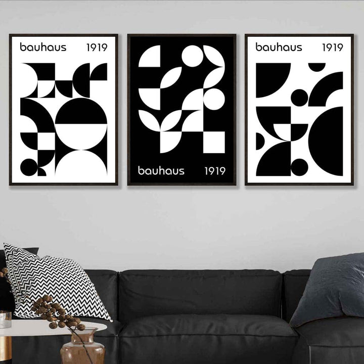 Bauhaus Style Graphic Black-White Geometric Set of 3 Wall Art Prints | Bowlift