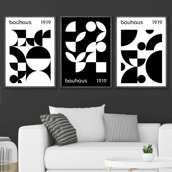 Bauhaus Style Graphic Black-White Geometric Set of 3 Wall Art Prints | Bowlift