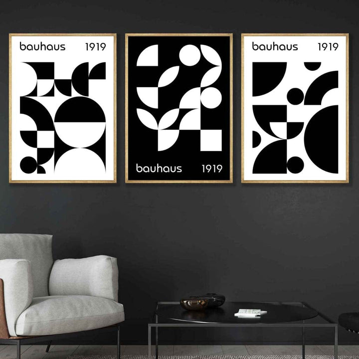 Bauhaus Style Graphic Black-White Geometric Set of 3 Wall Art Prints | Bowlift